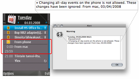 N82 calendar screenshot with default settings + iSync error message about editing all day events on the phone